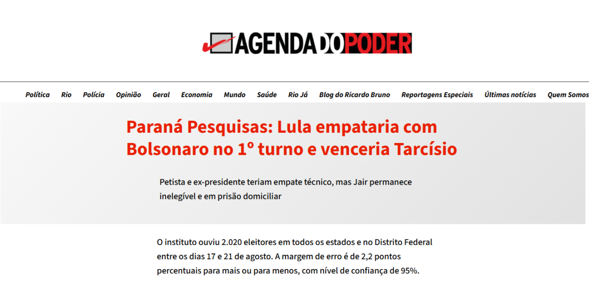 Agenda do Poder cita pesquisa realizada pela Paraná Pesquisas. 2 Agenda do Poder cita pesquisa realizada pela Paraná Pesquisas.