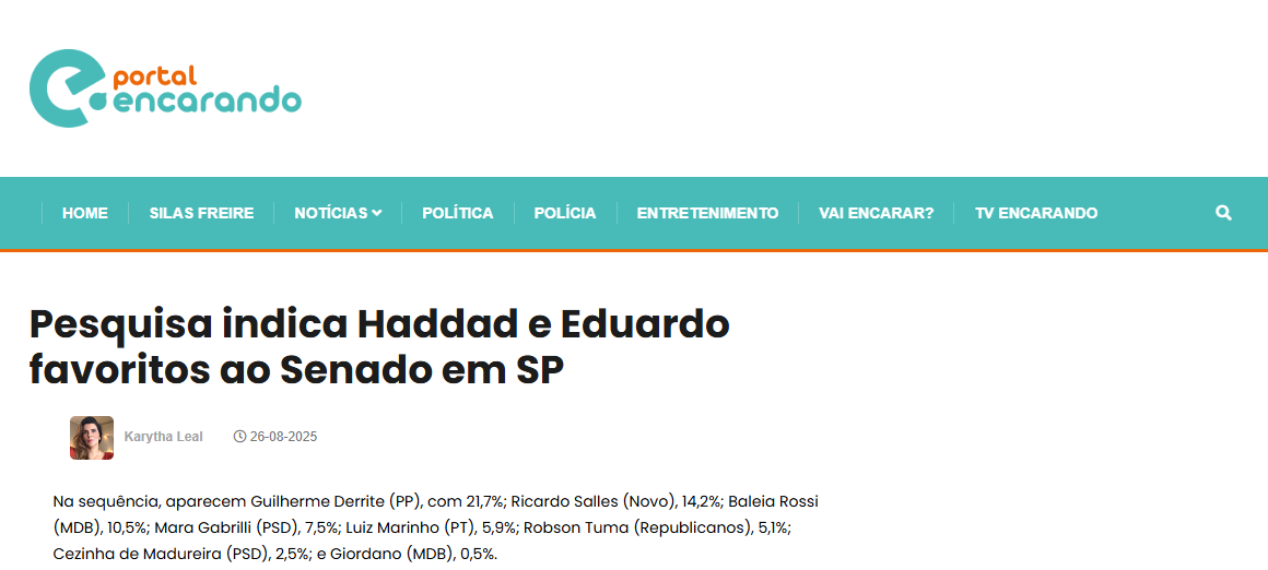 Portal Encarando cita pesquisa realizada pela Paraná Pesquisas no Estado de São Paulo. 2 Portal Encarando cita pesquisa realizada pela Paraná Pesquisas no Estado de São Paulo.
