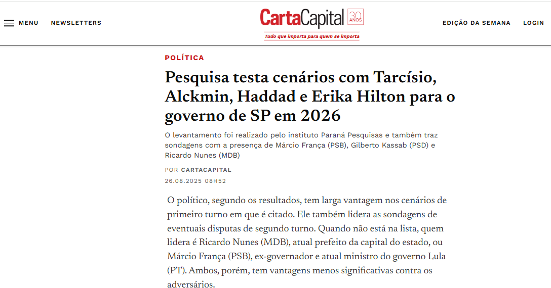 Carta Capital cita pesquisa realizada pela Paraná Pesquisas no Estado de São Paulo. 2 Carta Capital cita pesquisa realizada pela Paraná Pesquisas no Estado de São Paulo.
