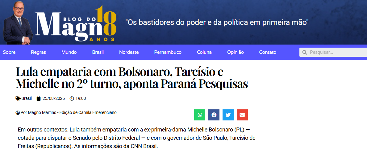 Blog do Magno cita pesquisa realizada pela Paraná Pesquisas. 2 Blog do Magno cita pesquisa realizada pela Paraná Pesquisas.