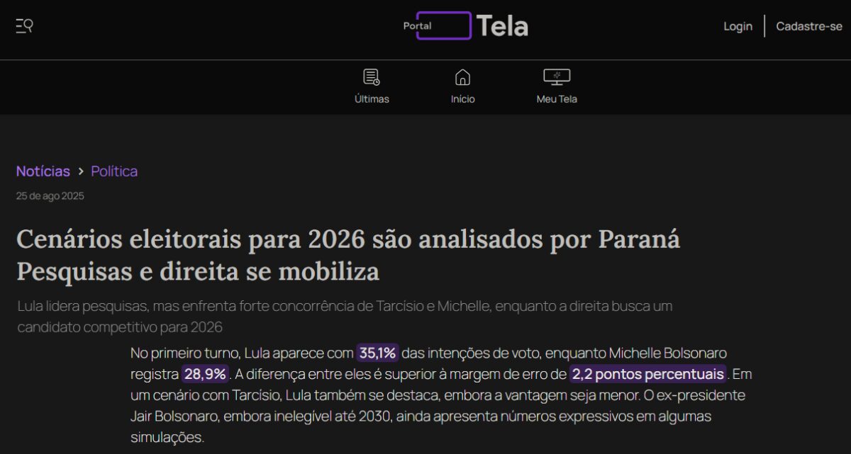 Portal Tela cita pesquisa realizada pela Paraná Pesquisas. 2 Portal Tela cita pesquisa realizada pela Paraná Pesquisas.