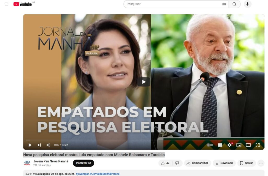 Jovem Pan News Paraná cita pesquisa realizada pela Paraná Pesquisas.
