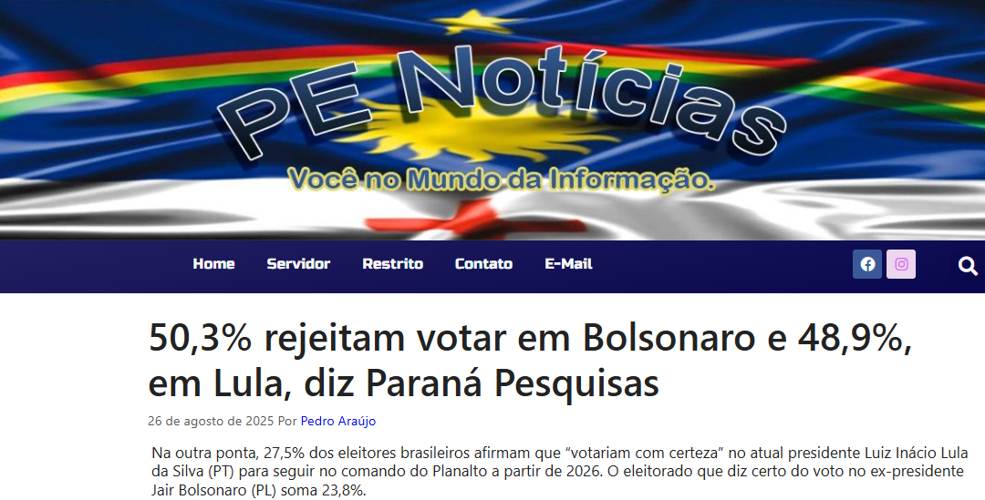 PE Notícias cita pesquisa realizada pela Paraná Pesquisas. 2 PE Notícias cita pesquisa realizada pela Paraná Pesquisas.