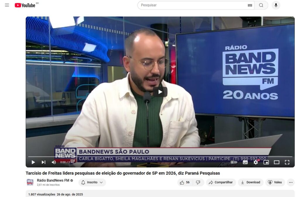 Rádio Band News cita pesquisa realizada pela Paraná Pesquisas no Estado de São Paulo.