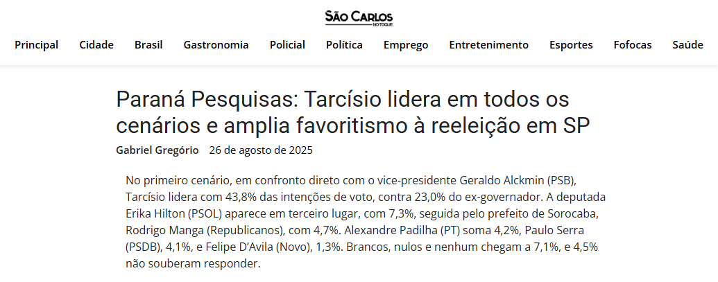São Carlos no Toque cita pesquisa realizada pela Paraná Pesquisas no Estado de São Paulo.