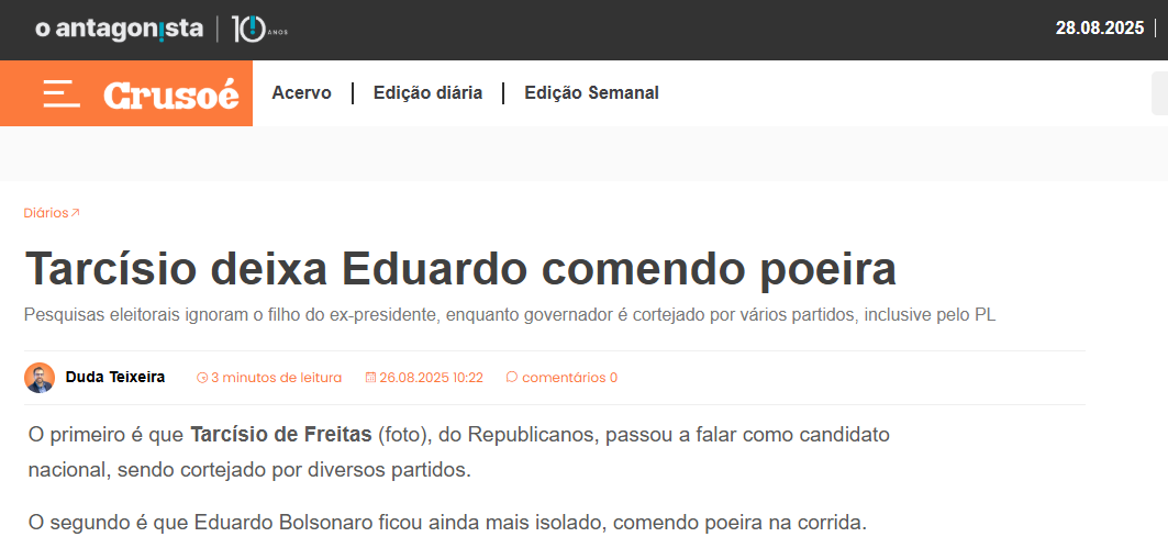 Crusoé cita pesquisa realizada pela Paraná Pesquisas no Estado de São Paulo. 2 Crusoé cita pesquisa realizada pela Paraná Pesquisas no Estado de São Paulo.