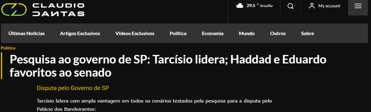 Blog Claudio Dantas cita pesquisa realizada pela Paraná Pesquisas no Estado de São Paulo.