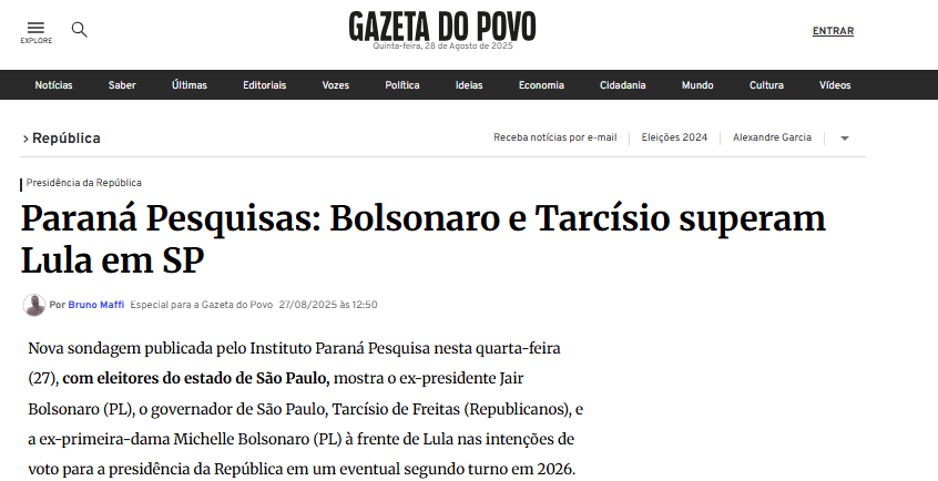 Gazeta do Povo cita pesquisa realizada pela Paraná Pesquisas no Estado de São Paulo. 2 Gazeta do Povo cita pesquisa realizada pela Paraná Pesquisas no Estado de São Paulo.