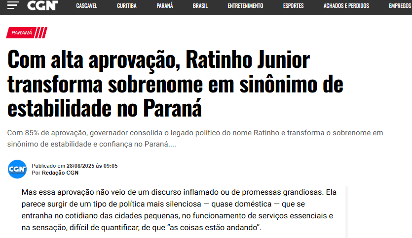 CGN cita pesquisa realizada pela Paraná Pesquisas no Estado do Paraná.