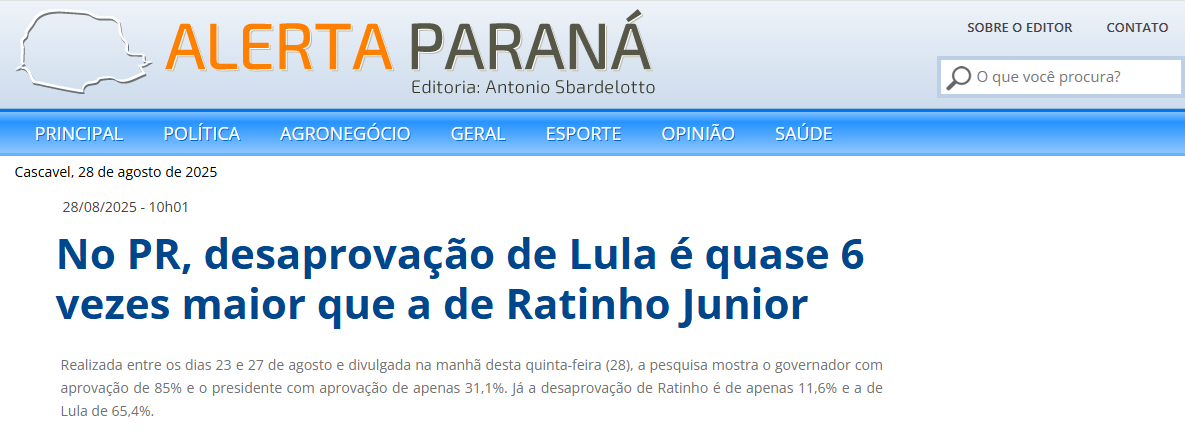 Alerta Paraná cita pesquisa realizada pela Paraná Pesquisas no Estado do Paraná.