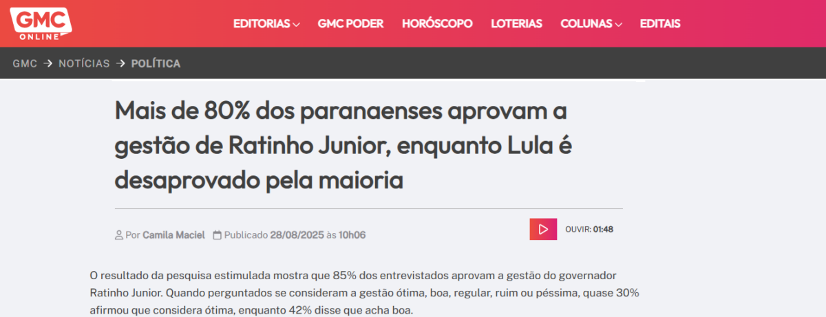 GMC Online cita pesquisa realizada pela Paraná Pesquisas no Estado do Paraná. 2 GMC Online cita pesquisa realizada pela Paraná Pesquisas no Estado do Paraná.