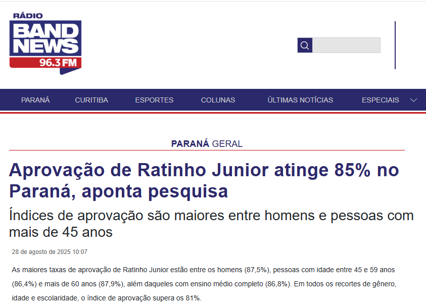 Rádio Band News cita pesquisa realizada pela Paraná Pesquisas no Estado do Paraná. 2 Rádio Band News cita pesquisa realizada pela Paraná Pesquisas no Estado do Paraná.