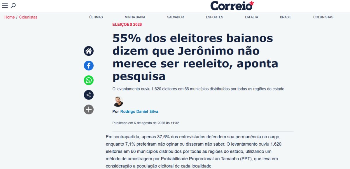 Correio 24 Horas cita pesquisa realizada pela Paraná Pesquisas no Estado da Bahia.