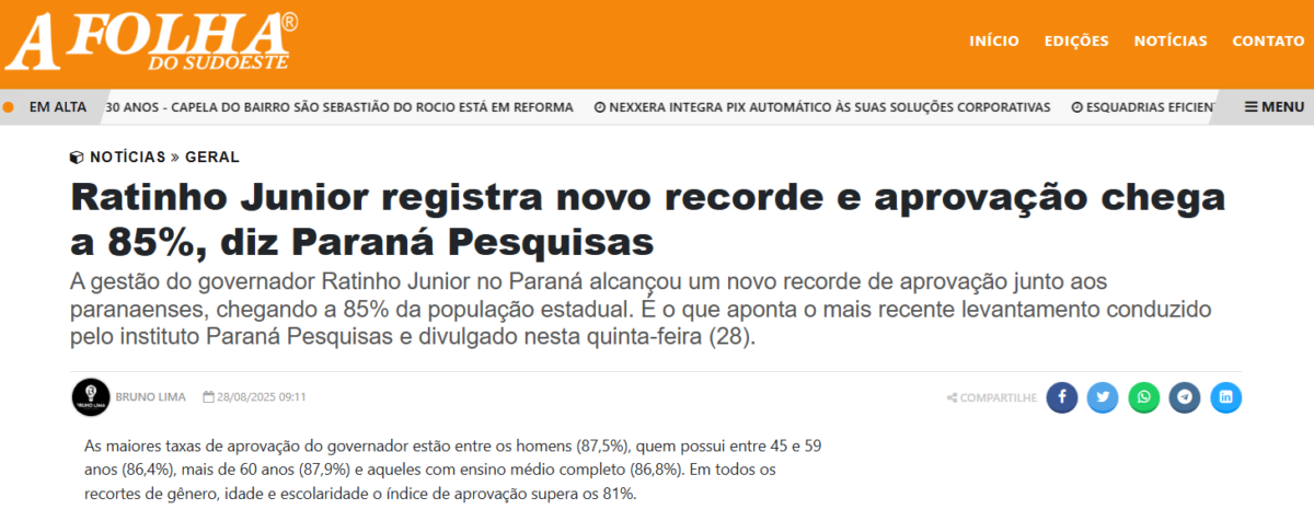 A Folha do Sudoeste cita pesquisa realizada pela Paraná Pesquisas no Estado do Paraná. 2 A Folha do Sudoeste cita pesquisa realizada pela Paraná Pesquisas no Estado do Paraná.