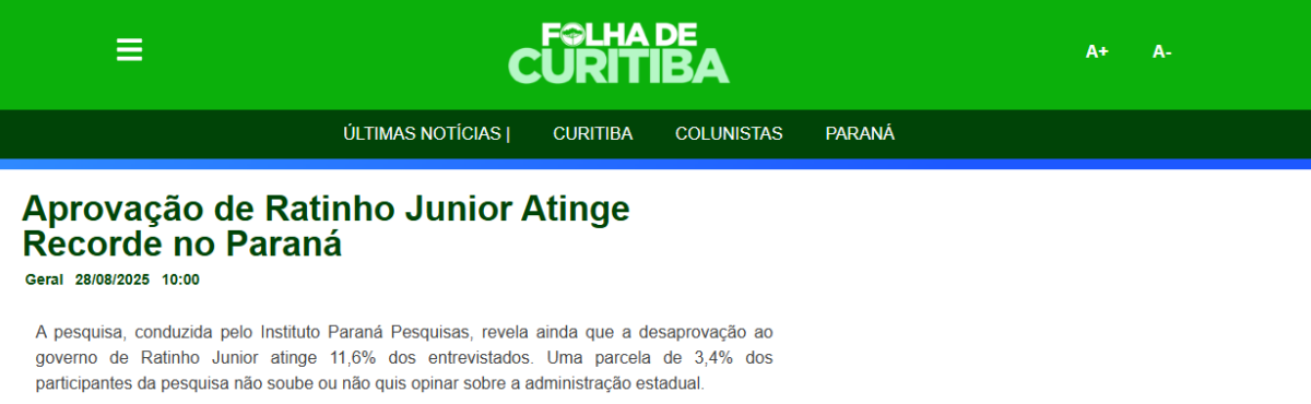 Folha de Curitiba cita pesquisa realizada pela Paraná Pesquisas no Estado do Paraná.
