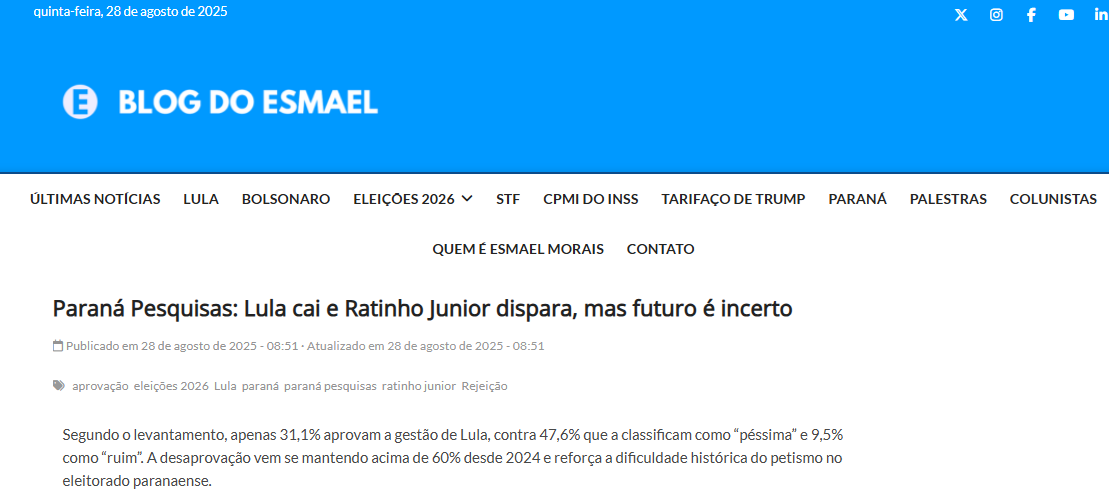 Blog do Esmael cita pesquisa realizada pela Paraná Pesquisas no Estado do Paraná. 2 Blog do Esmael cita pesquisa realizada pela Paraná Pesquisas no Estado do Paraná.