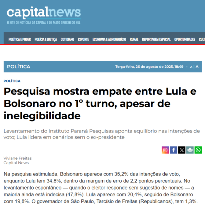 Capital News cita pesquisa realizada pela Paraná Pesquisas.
