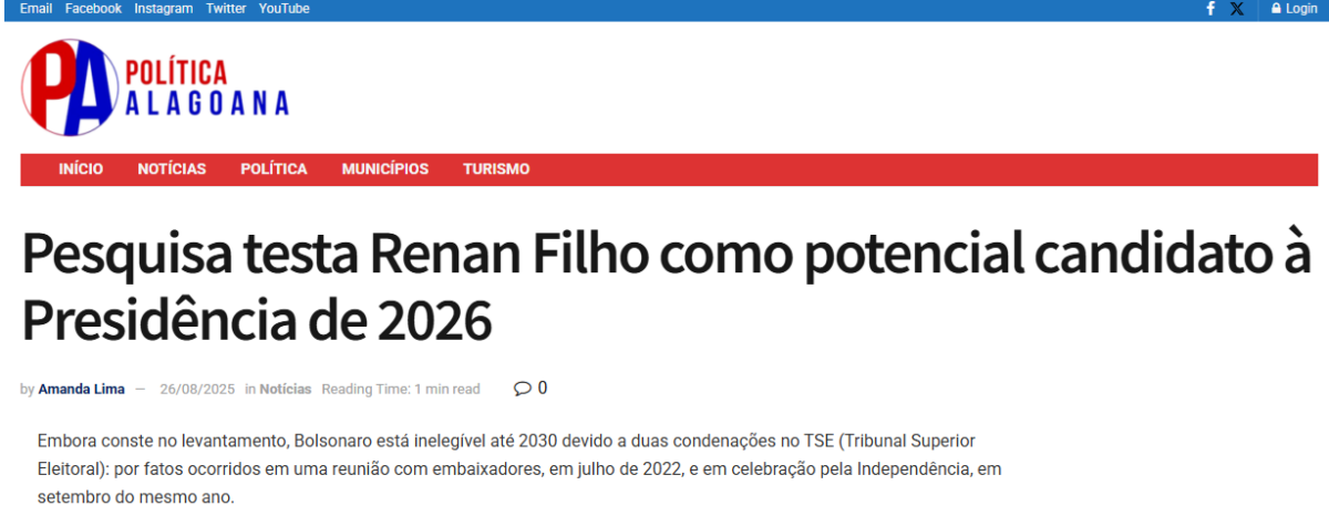 Política Alagoana cita pesquisa realizada pela Paraná Pesquisas.