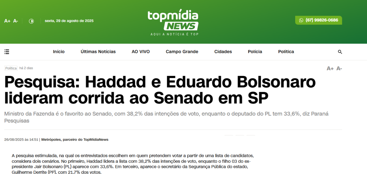 Top Mídia cita pesquisa realizada pela Paraná Pesquisas no Estado de São Paulo.