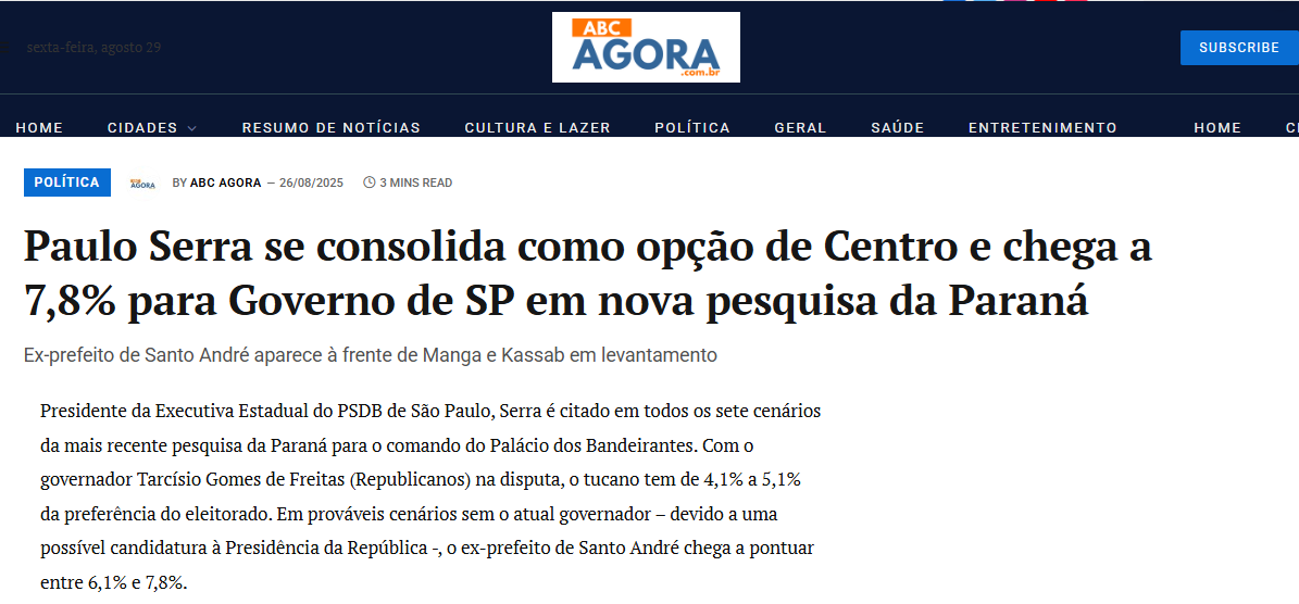 ABC Agora cita pesquisa realizada pela Paraná Pesquisas no Estado de São Paulo.