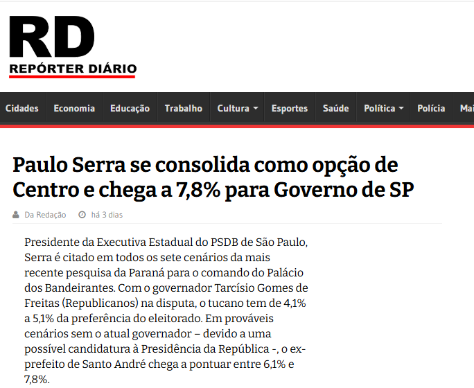 Repórter Diário cita pesquisa realizada pela Paraná Pesquisas no Estado de São Paulo. 2 Repórter Diário cita pesquisa realizada pela Paraná Pesquisas no Estado de São Paulo.