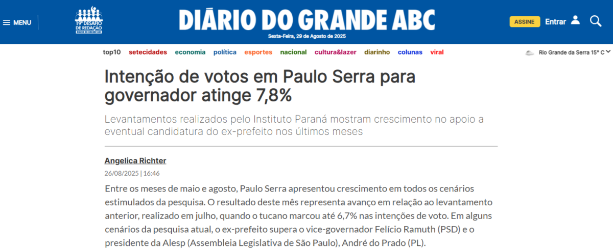 Diário do Grande ABC cita pesquisa realizada pela Paraná Pesquisas no Estado de São Paulo. 2 Diário do Grande ABC cita pesquisa realizada pela Paraná Pesquisas no Estado de São Paulo.