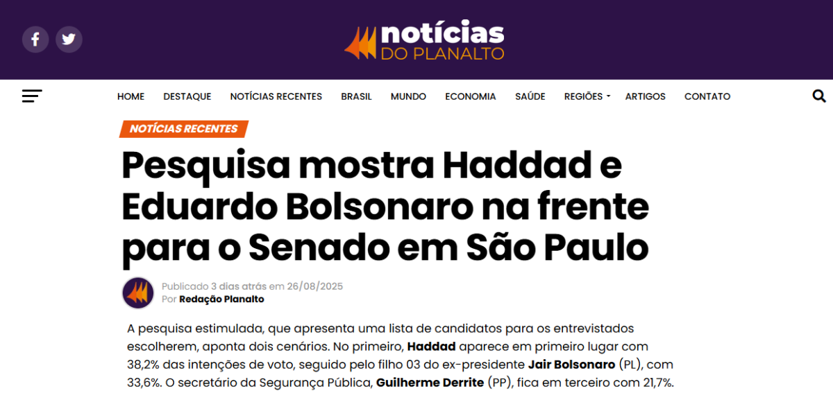 Notícias do Planalto cita pesquisa realizada pela Paraná Pesquisas no Estado de São Paulo. 2 Notícias do Planalto cita pesquisa realizada pela Paraná Pesquisas no Estado de São Paulo.