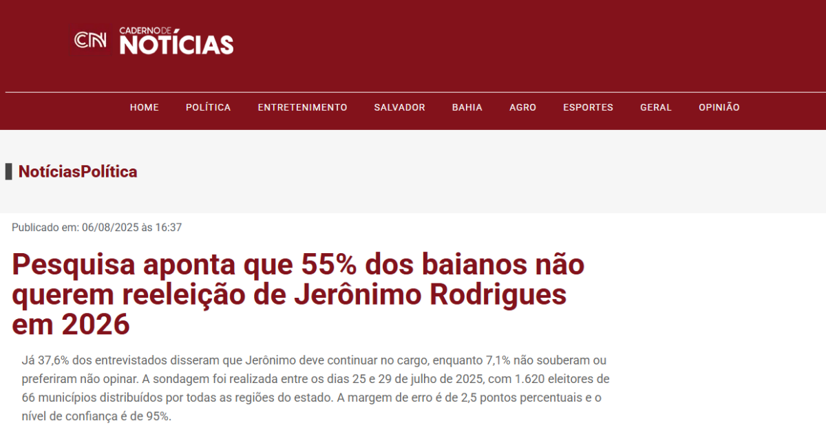 Caderno de Notícias cita pesquisa realizada pela Paraná Pesquisas no Estado da Bahia. 2 Caderno de Notícias cita pesquisa realizada pela Paraná Pesquisas no Estado da Bahia.