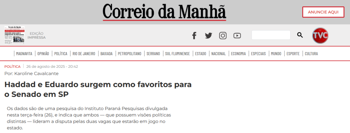 Correio da Manhã cita pesquisa realizada pela Paraná Pesquisas no Estado de São Paulo.