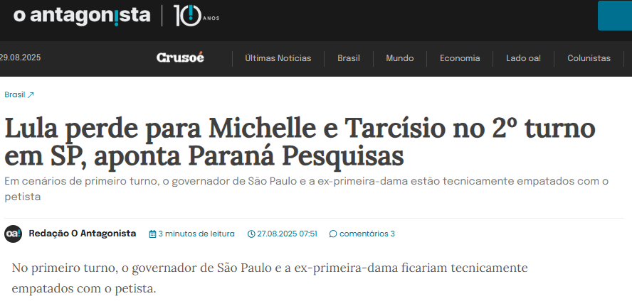 O Antagonista cita pesquisa realizada pela Paraná Pesquisas no Estado de São Paulo. 2 O Antagonista cita pesquisa realizada pela Paraná Pesquisas no Estado de São Paulo.
