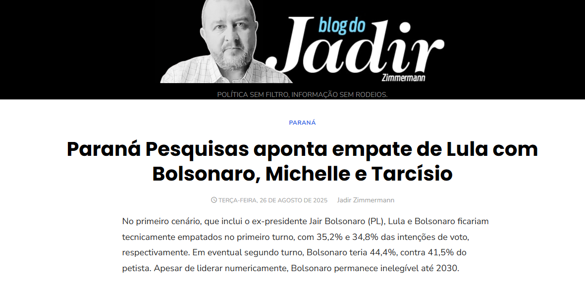Blog do Jadir cita pesquisa realizada pela Paraná Pesquisas.