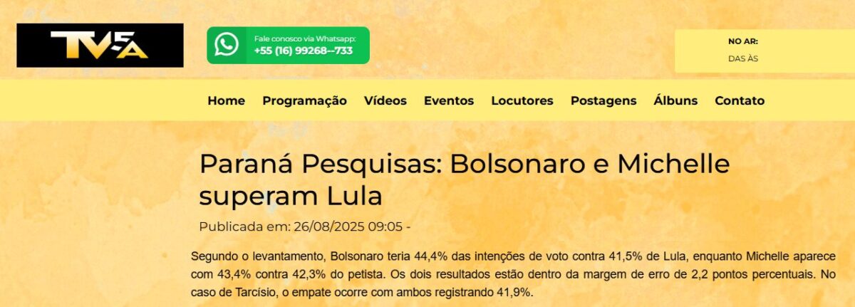 TV5A cita pesquisa realizada pela Paraná Pesquisas.
