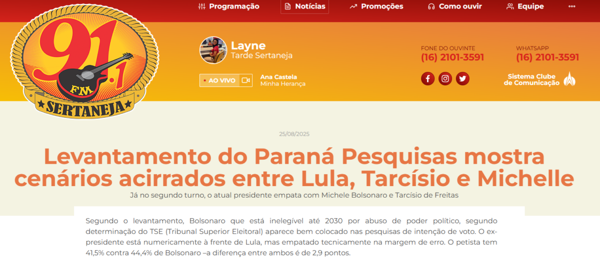 91 Sertaneja cita pesquisa realizada pela Paraná Pesquisas.