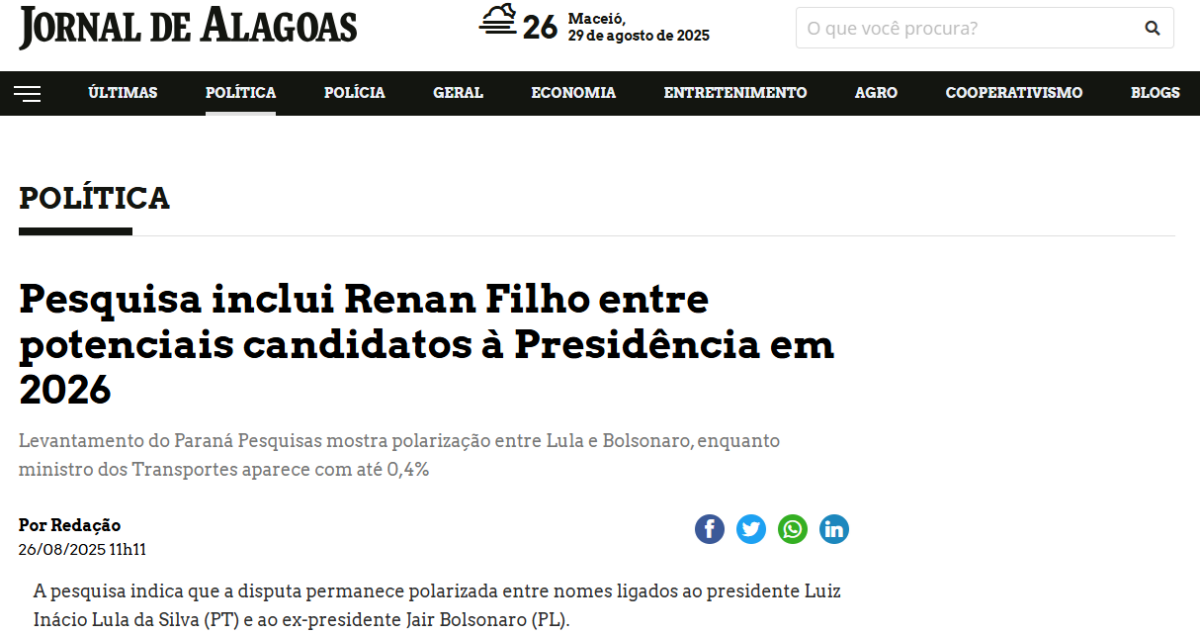 Jornal de Alagoas cita pesquisa realizada pela Paraná Pesquisas. 2 Jornal de Alagoas cita pesquisa realizada pela Paraná Pesquisas.