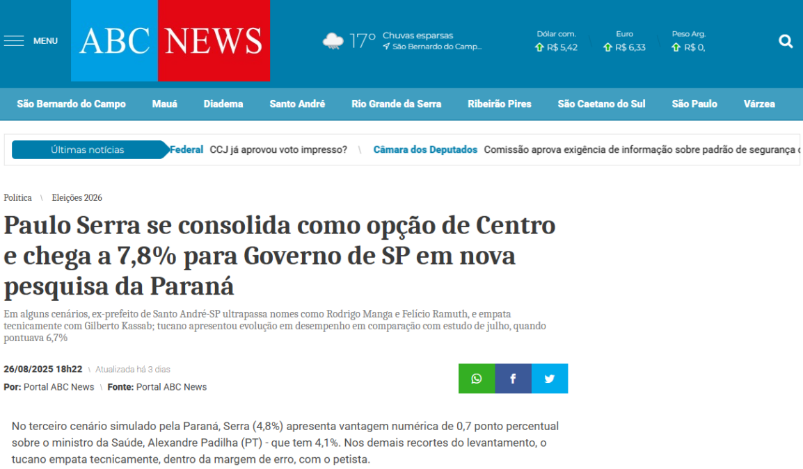 ABC News cita pesquisa realizada pela Paraná Pesquisas no Estado de São Paulo. 2 ABC News cita pesquisa realizada pela Paraná Pesquisas no Estado de São Paulo.