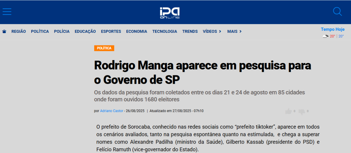 Jornal Ipanena cita pesquisa realizada pela Paraná Pesquisas no Estado de São Paulo. 2 Jornal Ipanena cita pesquisa realizada pela Paraná Pesquisas no Estado de São Paulo.