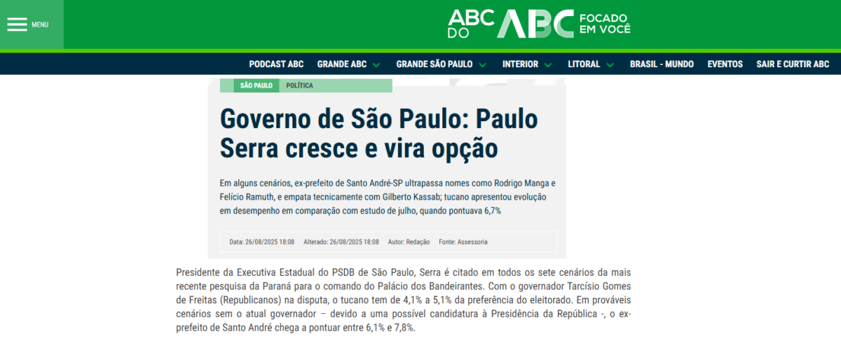 ABC do ABC cita pesquisa realizada pela Paraná Pesquisas no Estado de São Paulo.