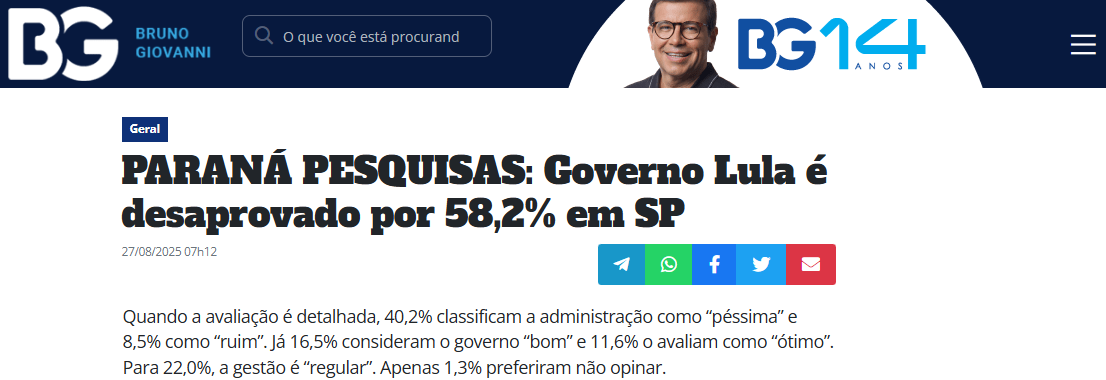 Blog Bruno Giovanni cita pesquisa realizada pela Paraná Pesquisas no Estado de São Paulo. 2 Blog Bruno Giovanni cita pesquisa realizada pela Paraná Pesquisas no Estado de São Paulo.