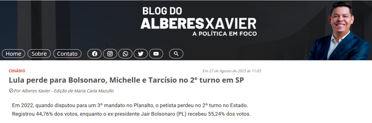 Blog do Alberes Xavier cita pesquisa realizada pela Paraná Pesquisas no Estado de São Paulo.