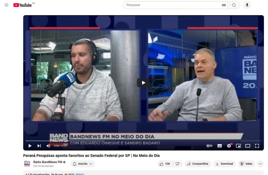 Rádio Band News cita pesquisa realizada pela Paraná Pesquisas no Estado de São Paulo.