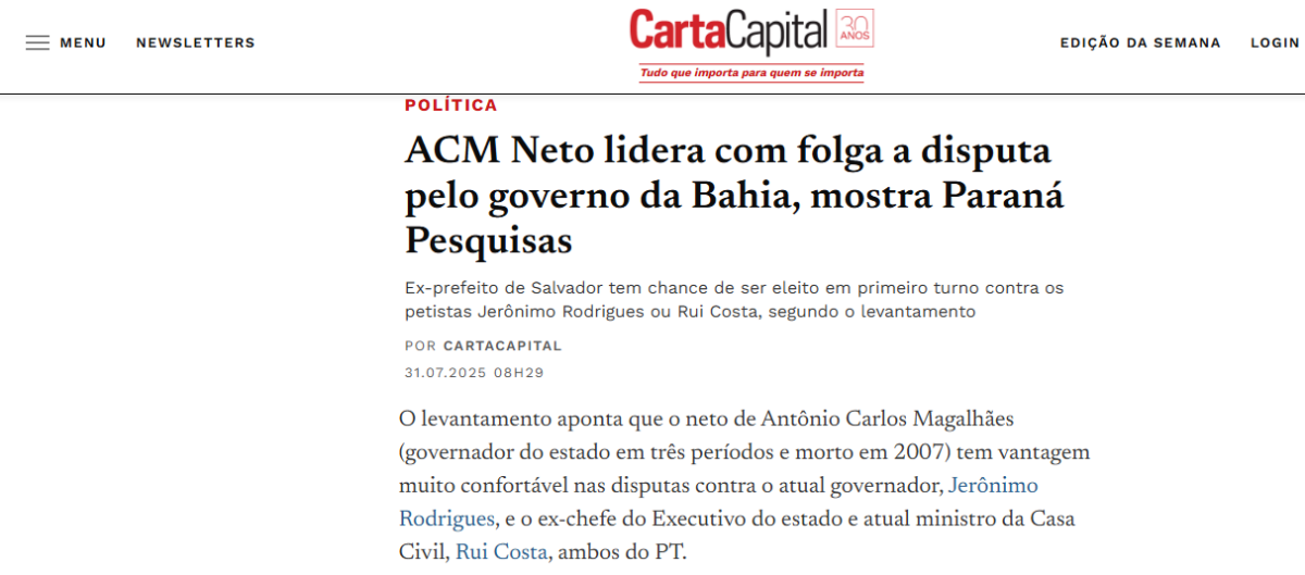 Carta Capital cita pesquisa realizada pela Paraná Pesquisas no Estado da Bahia. 2 Carta Capital cita pesquisa realizada pela Paraná Pesquisas no Estado da Bahia.