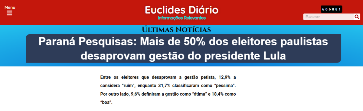 Euclides Diário cita pesquisa realizada pela Paraná Pesquisas em São Paulo.