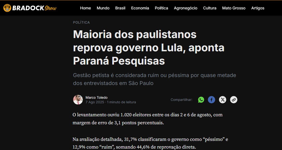 Bradock Show cita pesquisa realizada pela Paraná Pesquisas em São Paulo. 2 Bradock Show cita pesquisa realizada pela Paraná Pesquisas em São Paulo.
