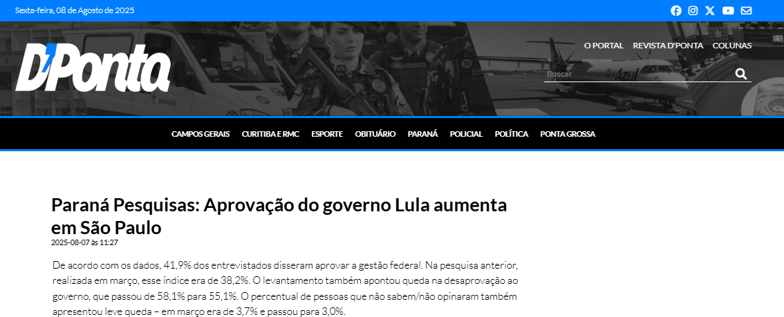 D'Ponta cita pesquisa realizada pela Paraná Pesquisas em São Paulo.