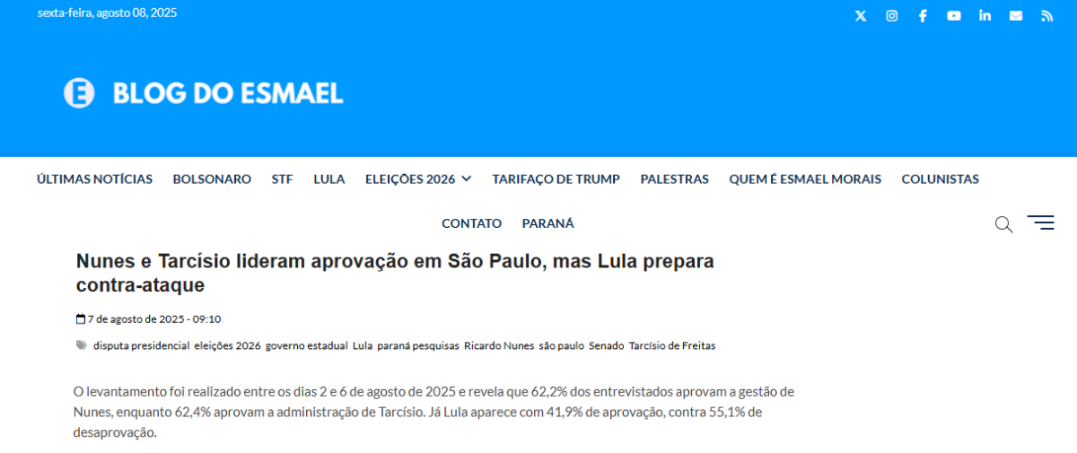 Blog do Esmael cita pesquisa realizada pela Paraná Pesquisas em São Paulo. 2 Blog do Esmael cita pesquisa realizada pela Paraná Pesquisas em São Paulo.