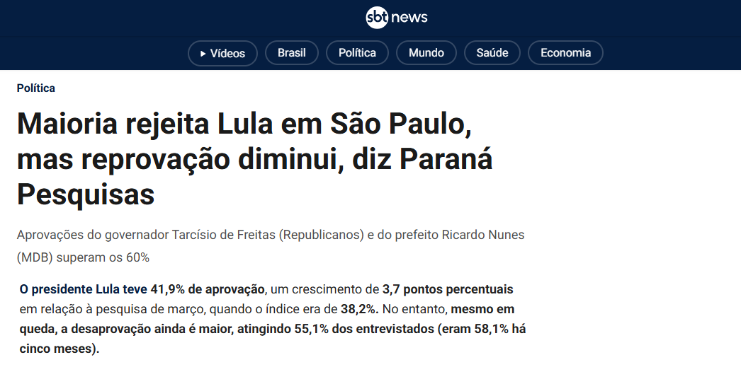 SBT News cita pesquisa realizada pela Paraná Pesquisas em São Paulo. 2 SBT News cita pesquisa realizada pela Paraná Pesquisas em São Paulo.