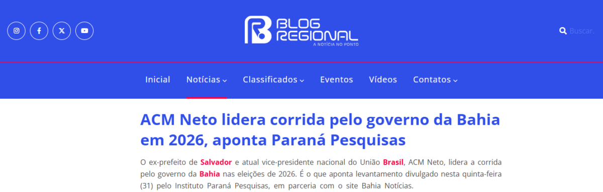 Blog Regional cita pesquisa realizada pela Paraná Pesquisas no Estado da Bahia.