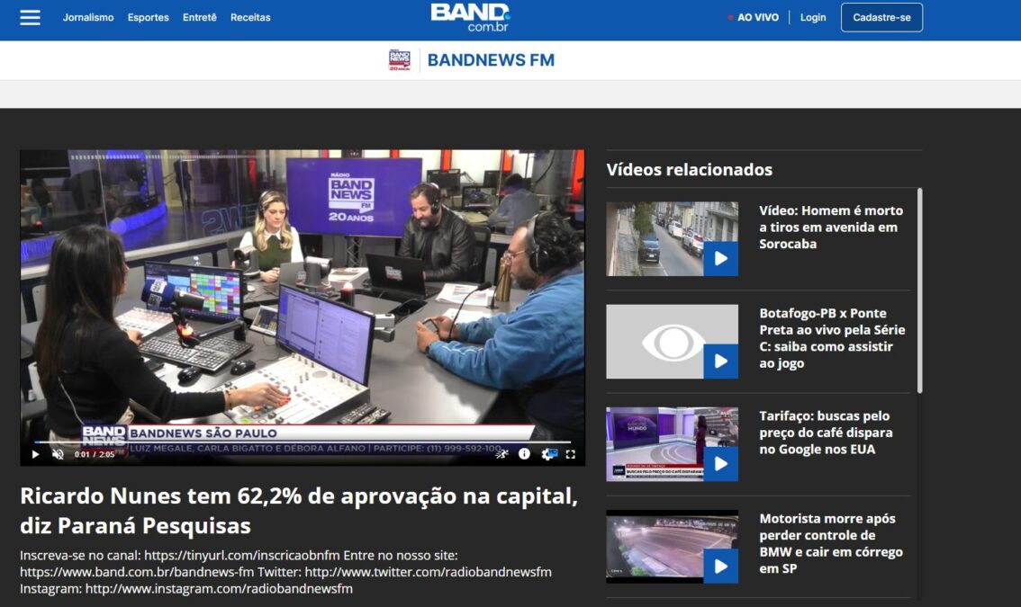 Band News FM cita pesquisa realizada pela Paraná Pesquisas em São Paulo. 2 Band News FM cita pesquisa realizada pela Paraná Pesquisas em São Paulo.