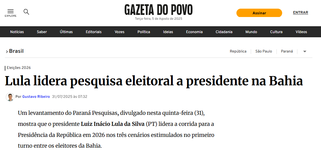 Gazeta do Povo cita pesquisa realizada pela Paraná Pesquisas no Estado da Bahia.