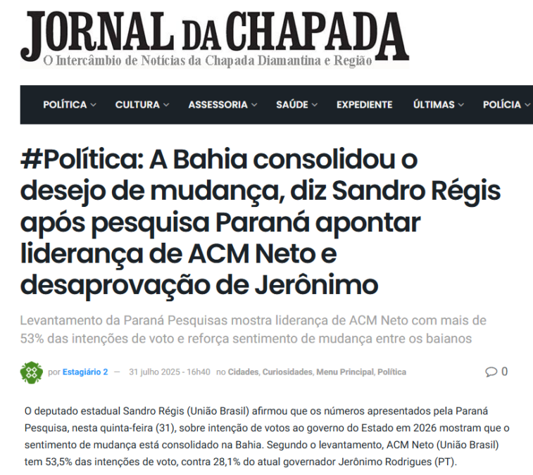 Jornada da Chapada cita pesquisa realizada pela Paraná Pesquisas no Estado da Bahia. 2 Jornada da Chapada cita pesquisa realizada pela Paraná Pesquisas no Estado da Bahia.
